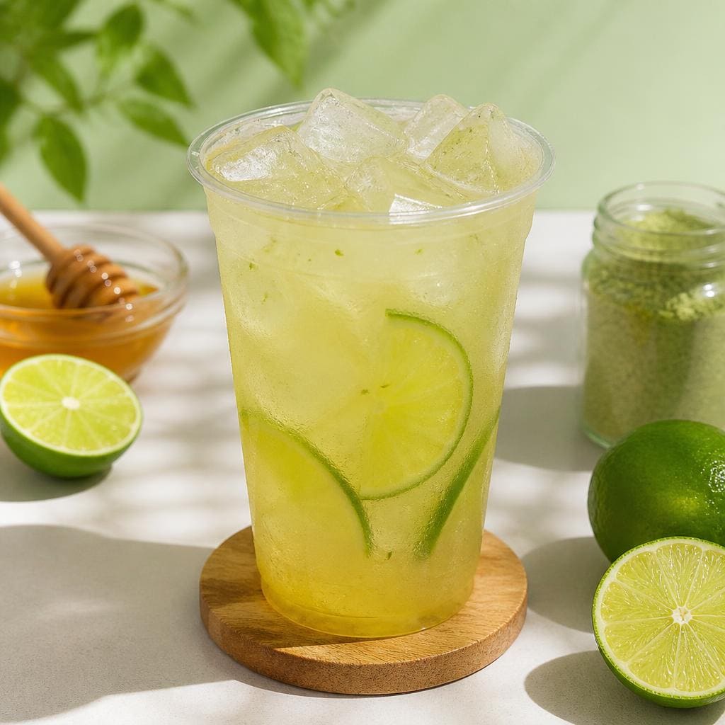 Es Honey Lime Kopi Ruang Hati dengan jeruk nipis madu dan lime powder